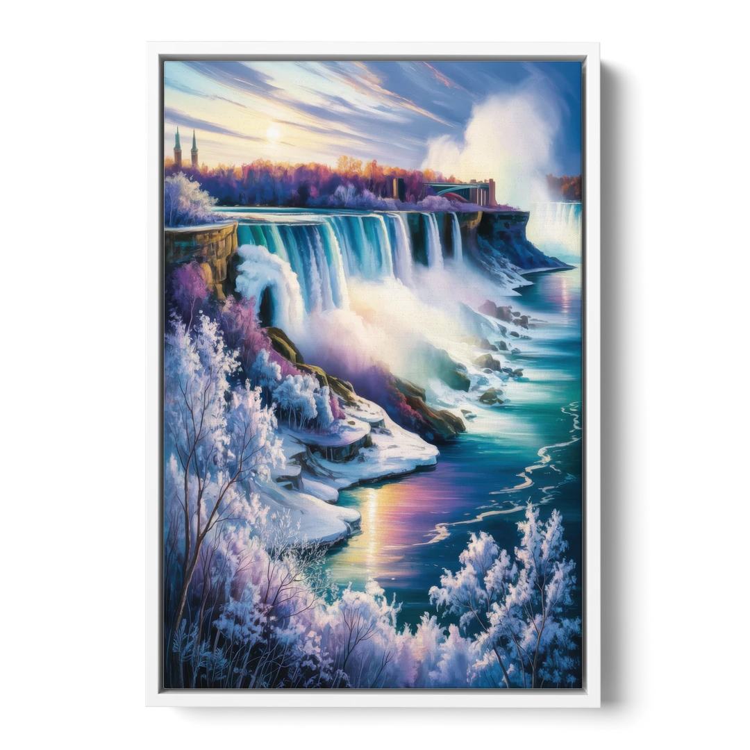 Niagara Falls Winter Freeze - White Framed Canvas Wall Art - Front
