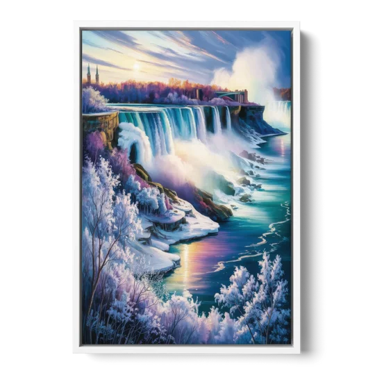 Niagara Falls Winter Freeze - White Framed Canvas Wall Art - Front