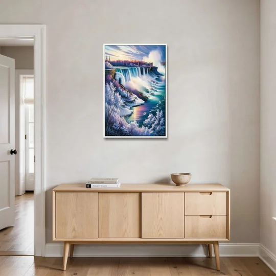 Niagara Falls Winter Freeze - White Framed Canvas Wall Art - Coffee Table - 24x36
