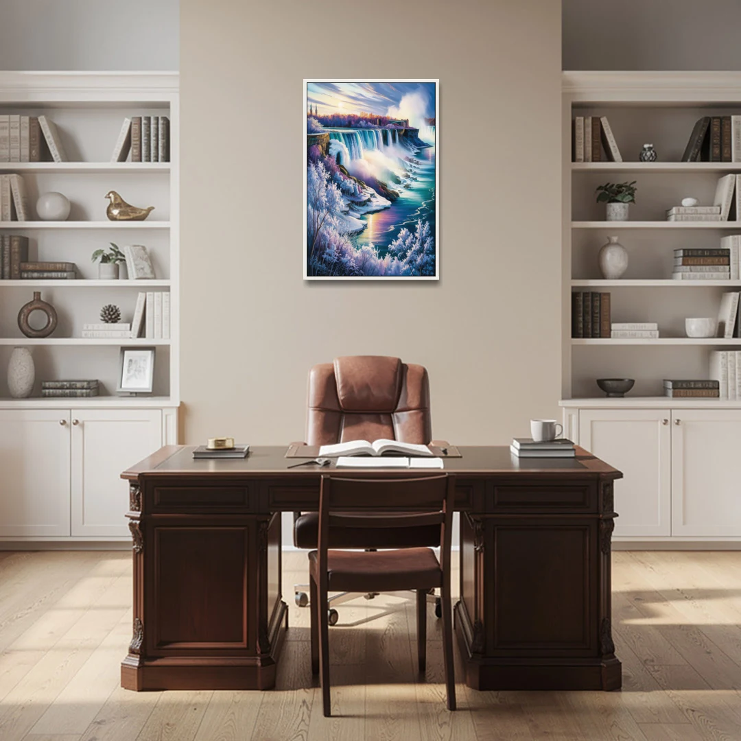 Niagara Falls Winter Freeze - White Framed Canvas Wall Art - Office - 24x36