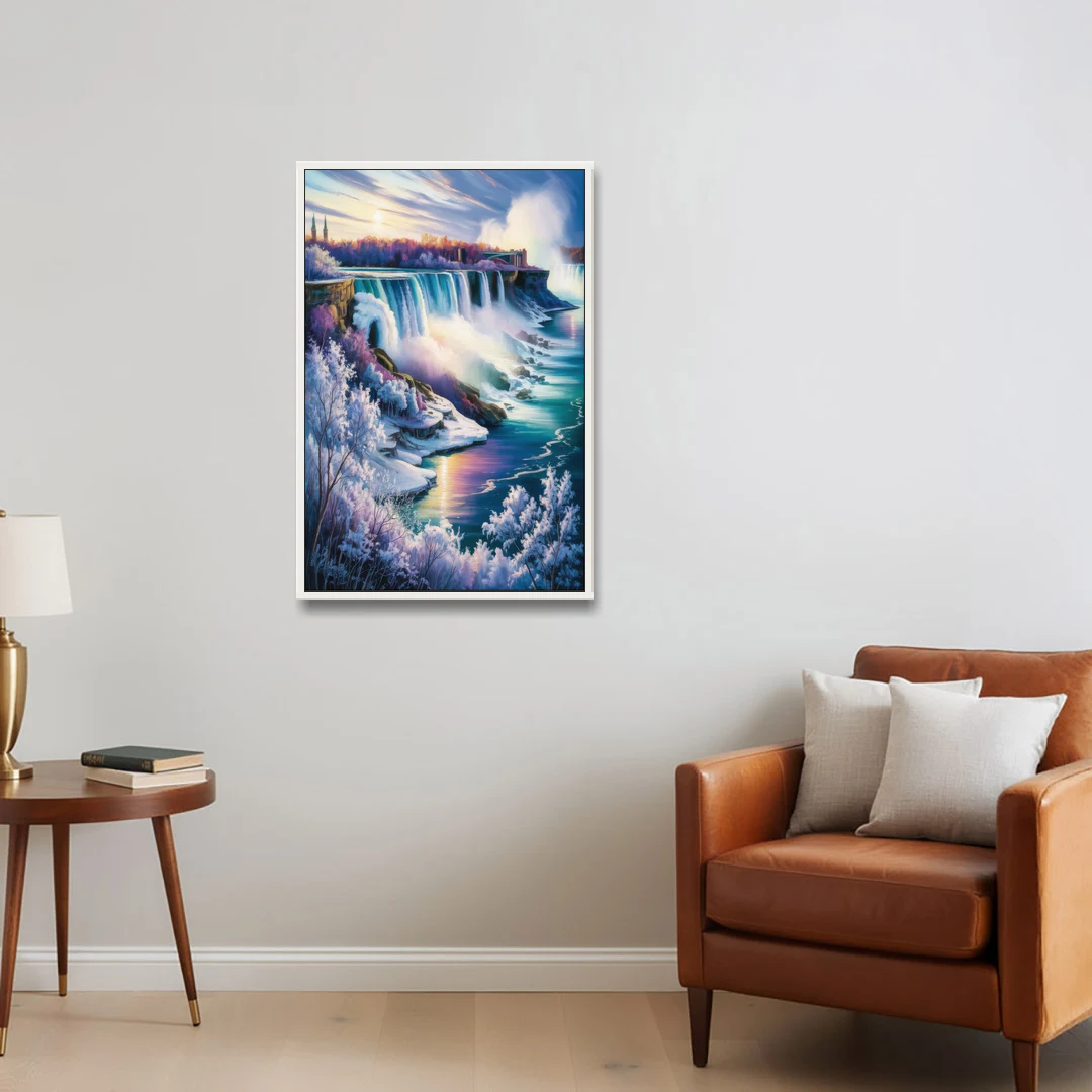 Niagara Falls Winter Freeze - White Framed Canvas Wall Art - Sofa - 24x36