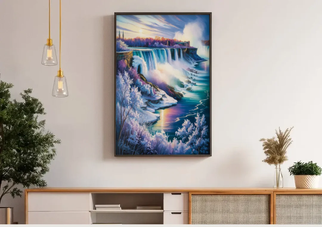 Niagara Falls Winter Freeze canvas wall art above a wooden sideboard under pendant lights