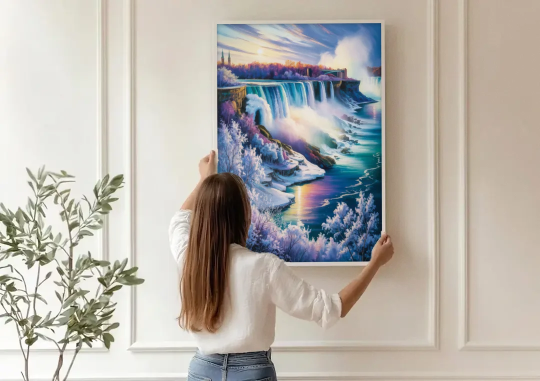 Niagara Falls Winter Freeze canvas wall art being hung on a paneled wall