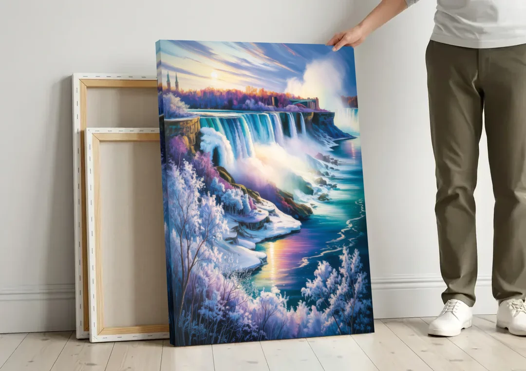 Niagara Falls Winter Freeze canvas wall art leaning against a wall next to blank canvases