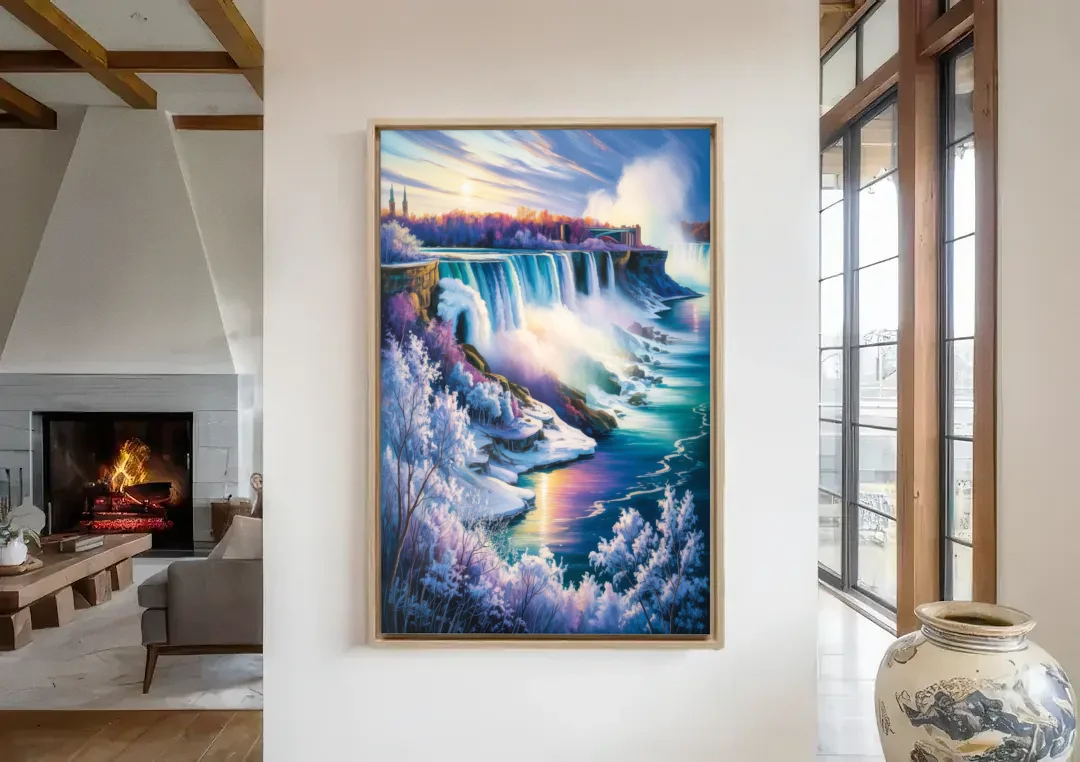 Niagara Falls Winter Freeze canvas wall art in a living room with a fireplace