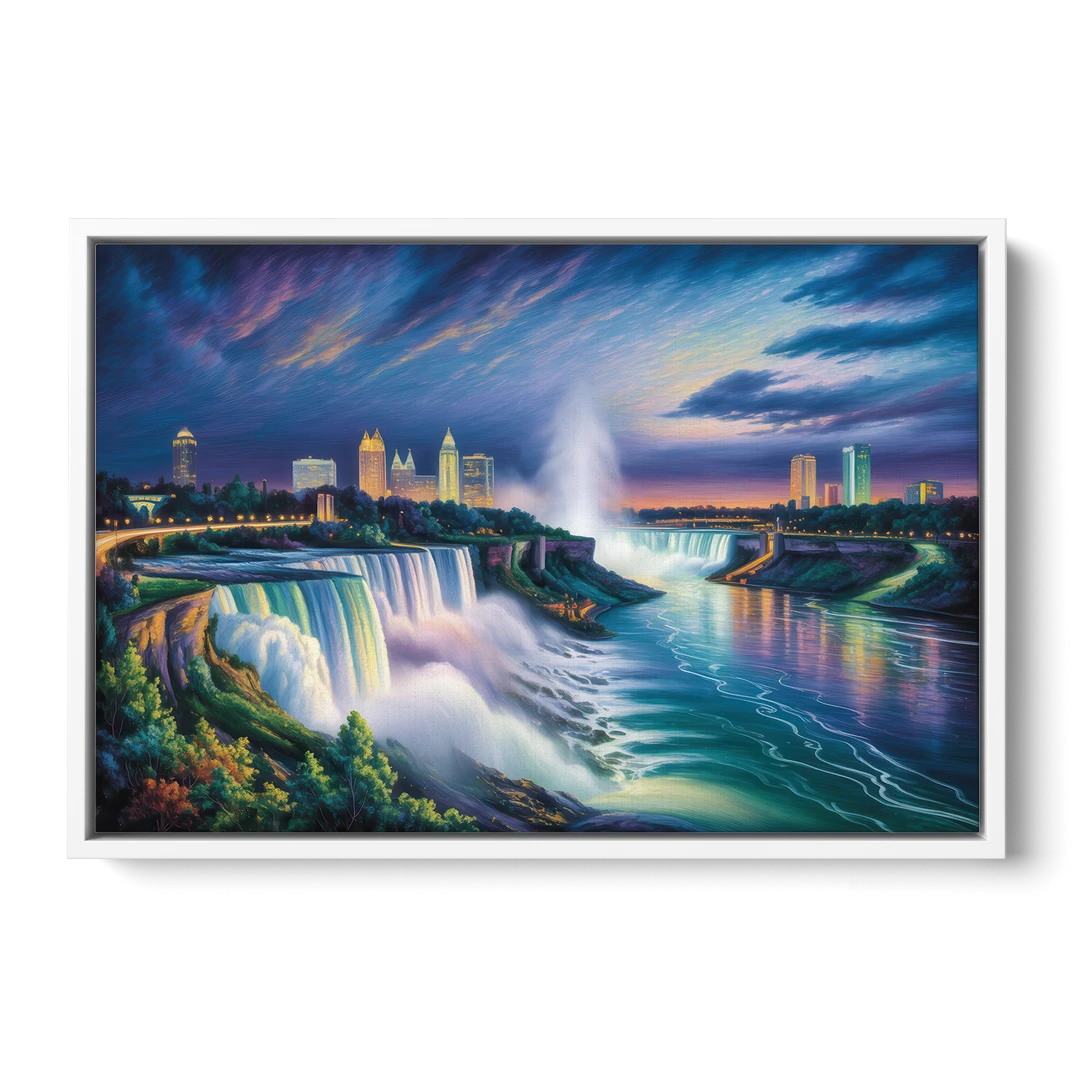 Niagara Night Skyline - White Framed Canvas Wall Art - Front