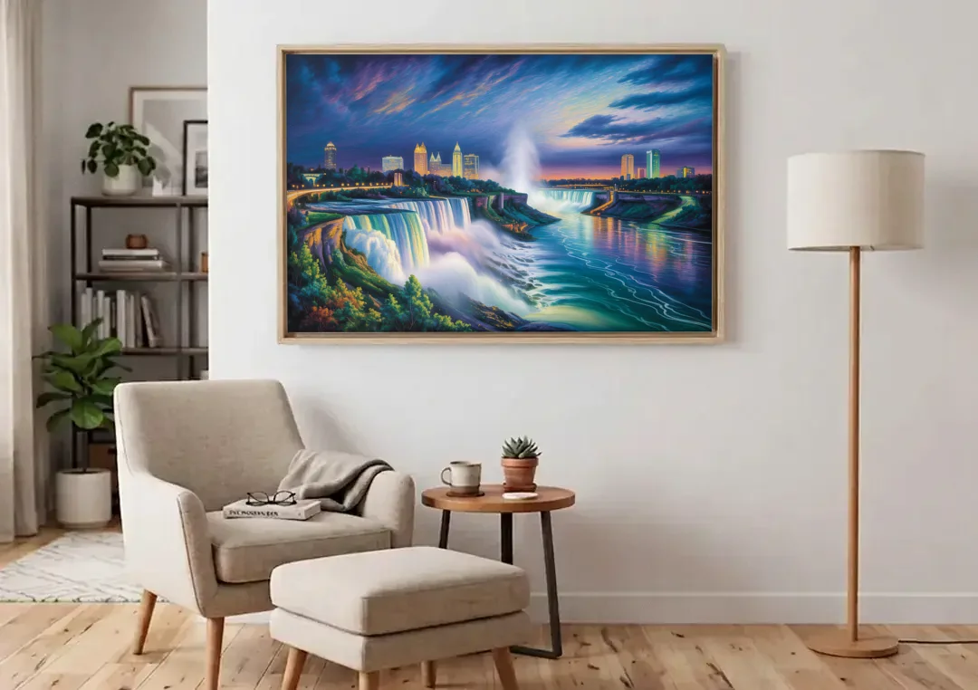 Niagara Night Skyline canvas wall art above an armchair in a bright living room