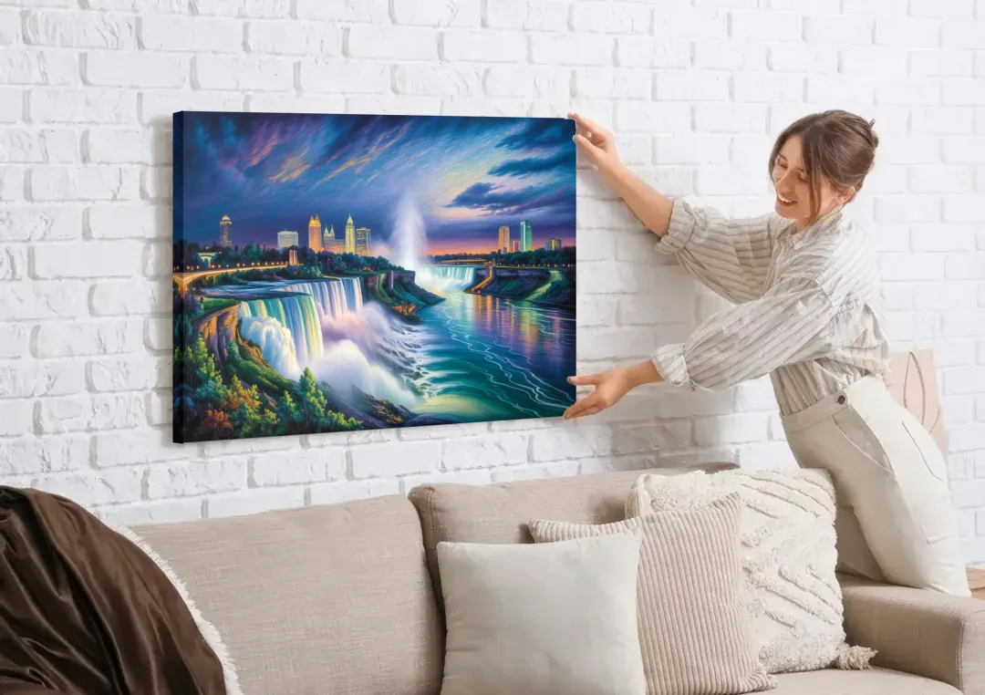 Niagara Night Skyline canvas wall art being hung on a white brick wall above a sofa