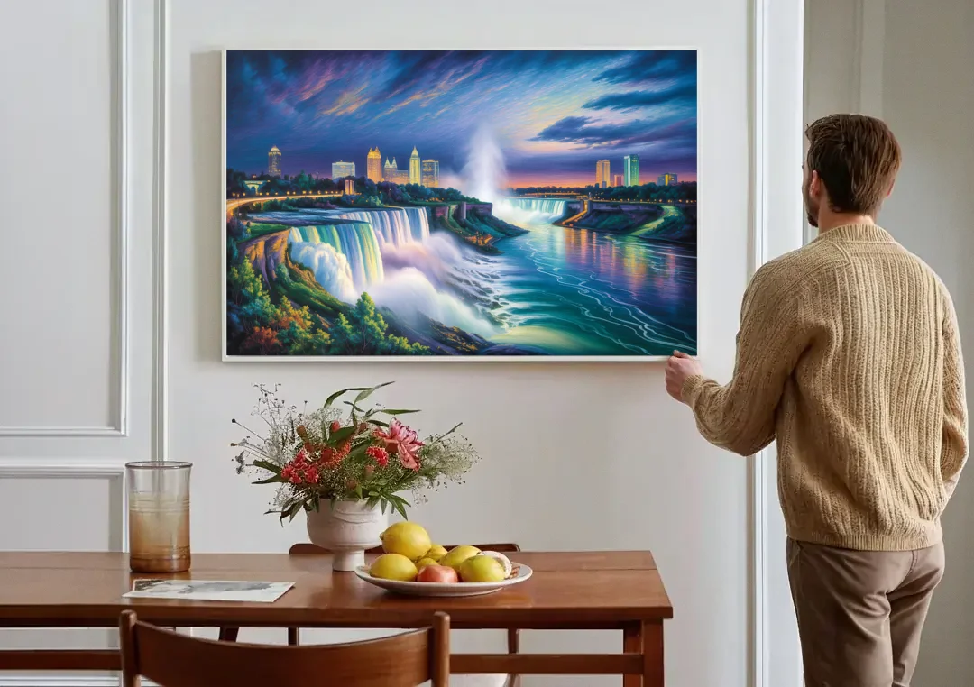 Niagara Night Skyline canvas wall art above a dining table