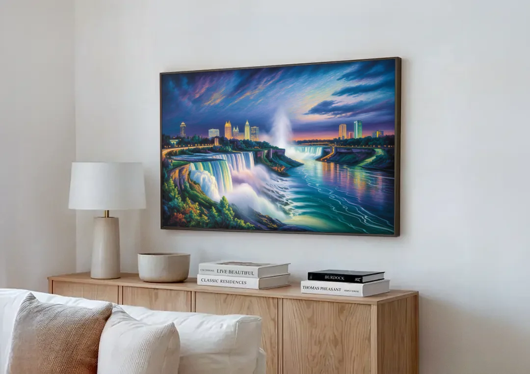 Niagara Night Skyline canvas wall art above a wooden sideboard next to a sofa