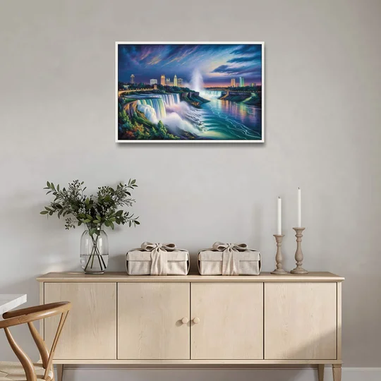 Niagara Night Skyline - White Framed Canvas Wall Art - Coffee Table - 36x24