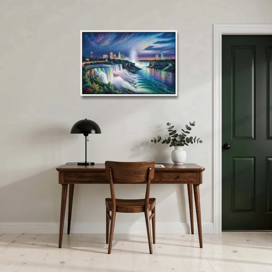 Niagara Night Skyline - White Framed Canvas Wall Art - Office - 36x24