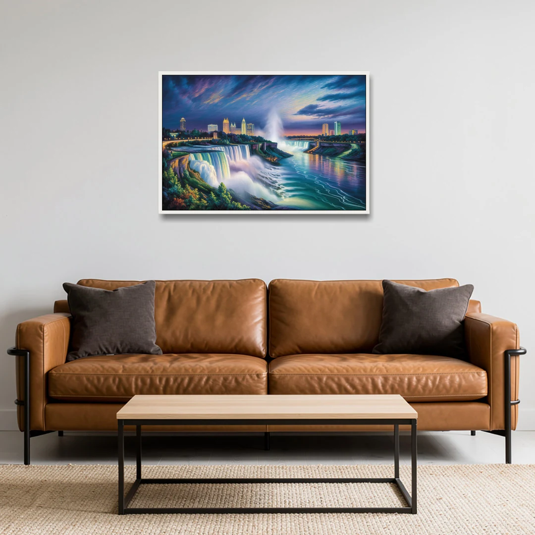 Niagara Night Skyline - White Framed Canvas Wall Art - Sofa - 36x24