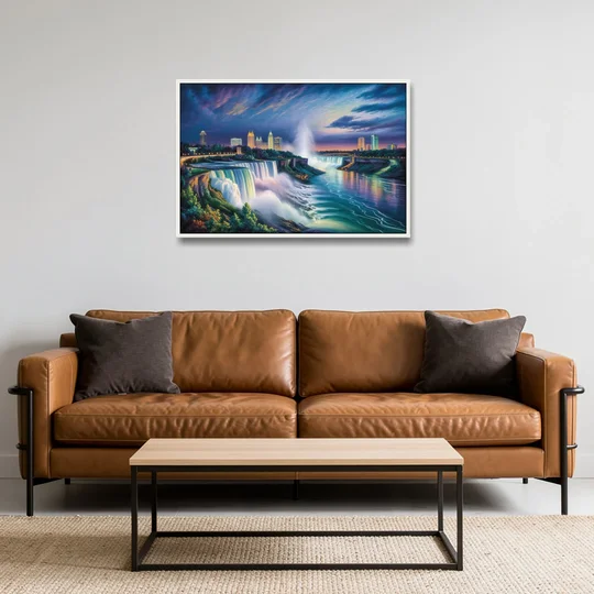 Niagara Night Skyline - White Framed Canvas Wall Art - Sofa - 36x24