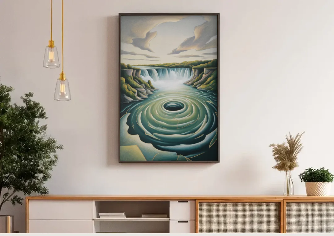 Niagara Whirlpool Aerial canvas wall art above a wooden sideboard under pendant lights
