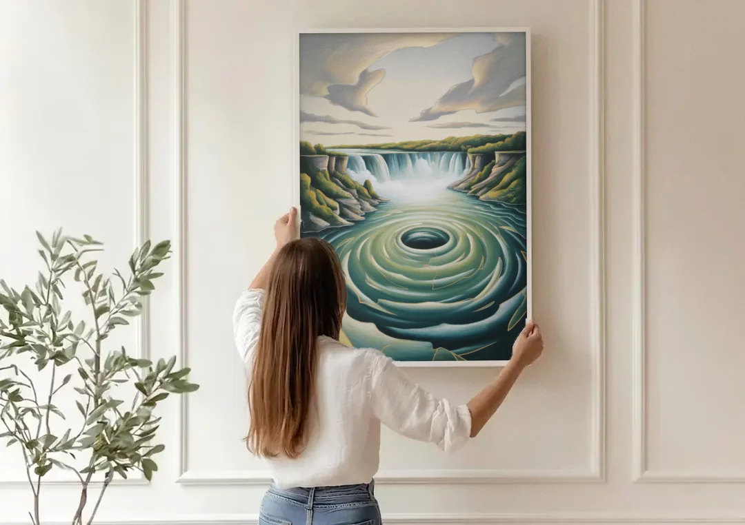 Niagara Whirlpool Aerial canvas wall art being hung on a paneled wall