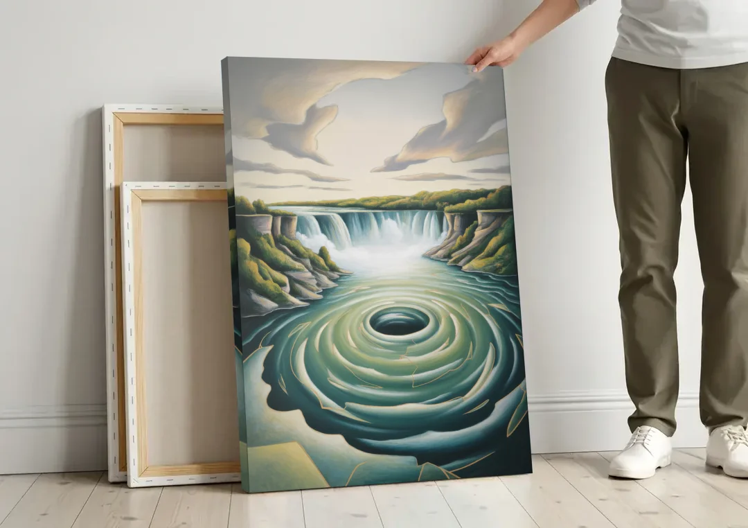Niagara Whirlpool Aerial canvas wall art leaning against a wall next to blank canvases