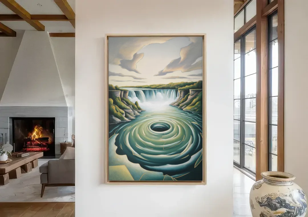 Niagara Whirlpool Aerial canvas wall art in a living room with a fireplace