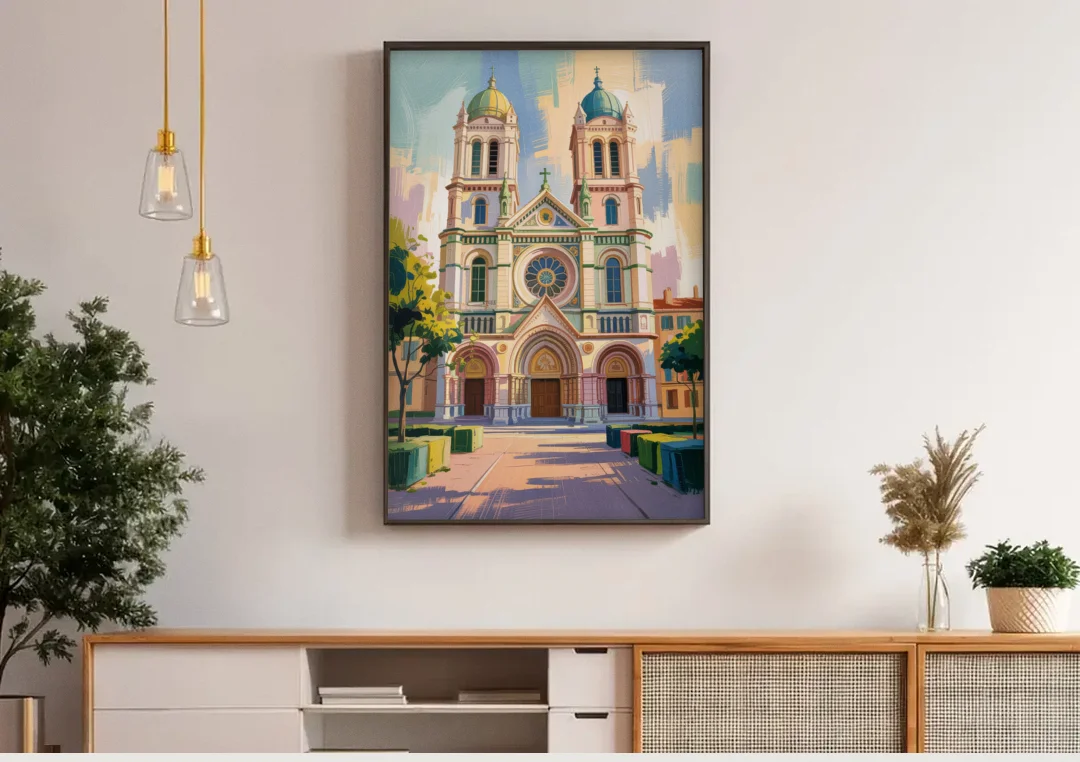 Nice Cathedral canvas wall art above a wooden sideboard under pendant lights