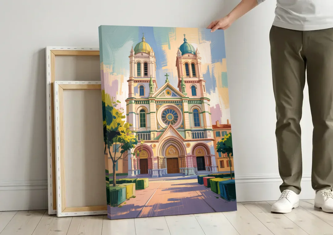Nice Cathedral canvas wall art leaning against a wall next to blank canvases
