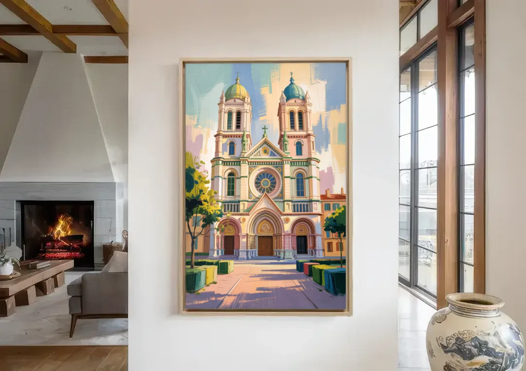 Nice Cathedral canvas wall art in a living room with a fireplace