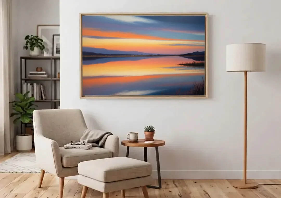 Nichupté Lagoon Sunset canvas wall art above an armchair in a bright living room