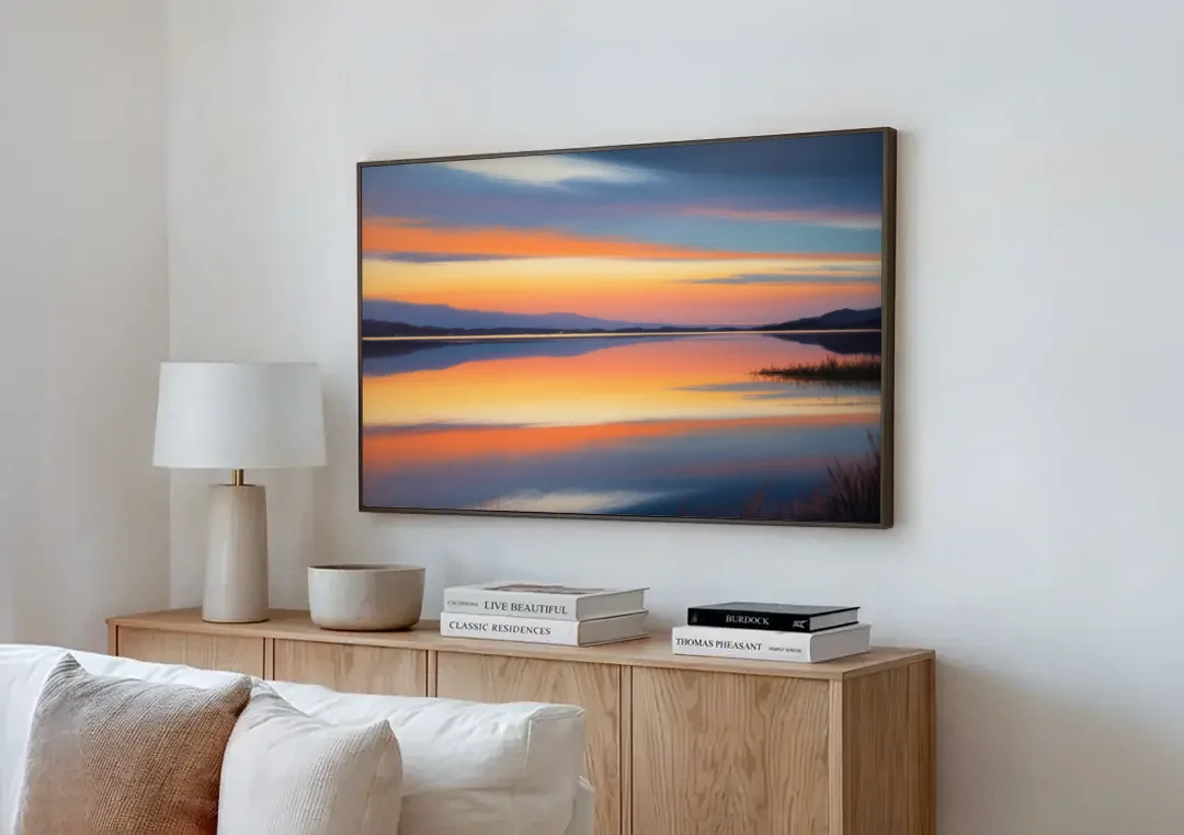 Nichupté Lagoon Sunset canvas wall art above a wooden sideboard next to a sofa
