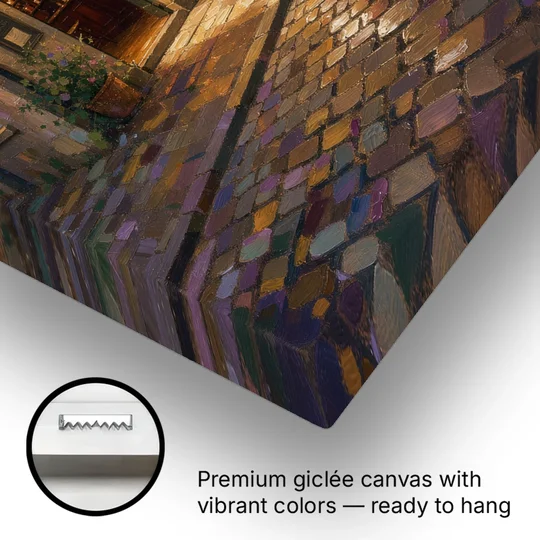 Night Bar Painting on a Cobbled Lane - Canvas Wall Art - Gallery Wrap Corner