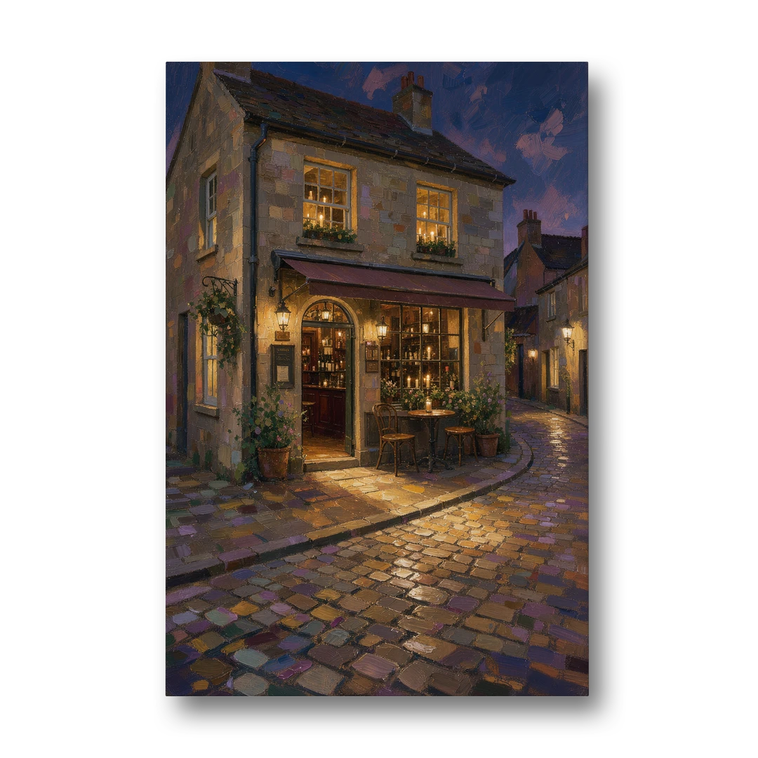 Night Bar Painting on a Cobbled Lane - Canvas Wall Art - Front