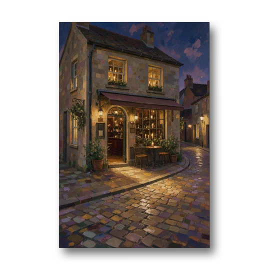 Night Bar Painting on a Cobbled Lane - Canvas Wall Art - Front