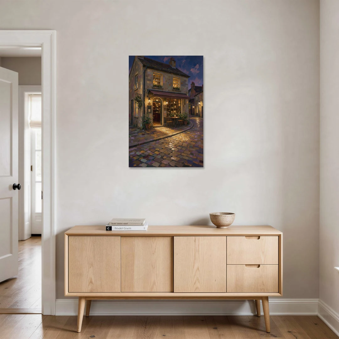 Night Bar Painting on a Cobbled Lane - Canvas Wall Art - Coffee Table - 24x36