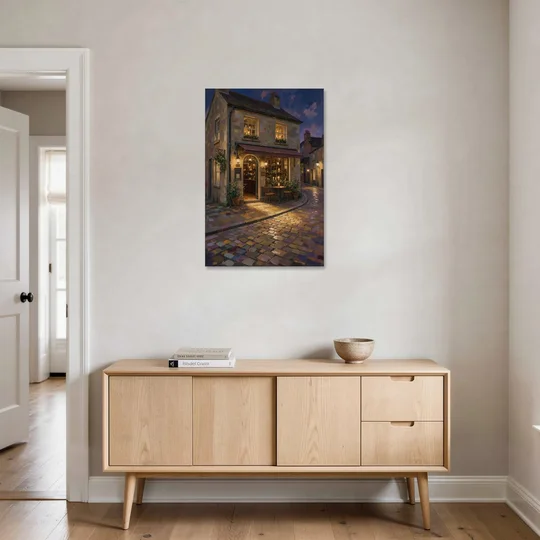 Night Bar Painting on a Cobbled Lane - Canvas Wall Art - Coffee Table - 24x36