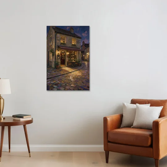 Night Bar Painting on a Cobbled Lane - Canvas Wall Art - Sofa - 24x36