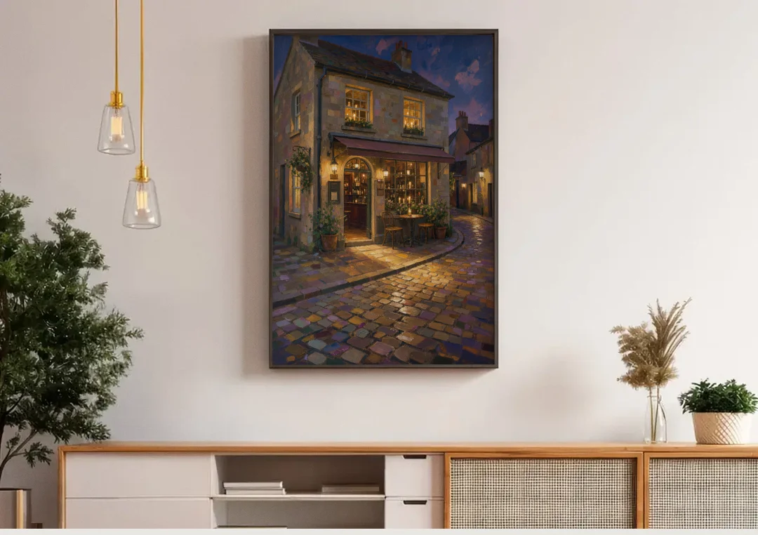 Night Bar Painting on a Cobbled Lane canvas wall art above a wooden sideboard under pendant lights