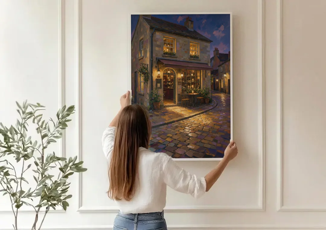 Night Bar Painting on a Cobbled Lane canvas wall art being hung on a paneled wall