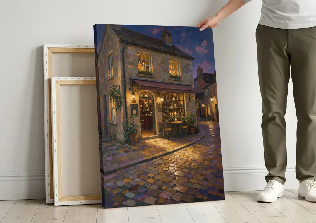 Night Bar Painting on a Cobbled Lane canvas wall art leaning against a wall next to blank canvases