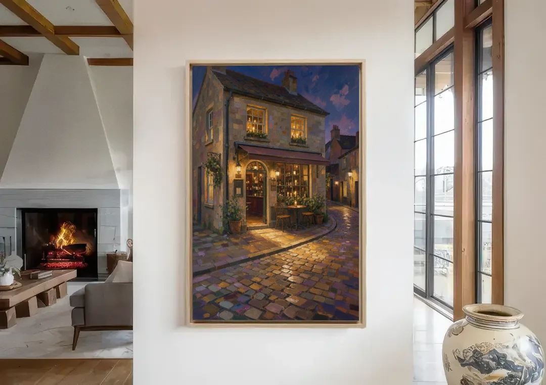Night Bar Painting on a Cobbled Lane canvas wall art in a living room with a fireplace