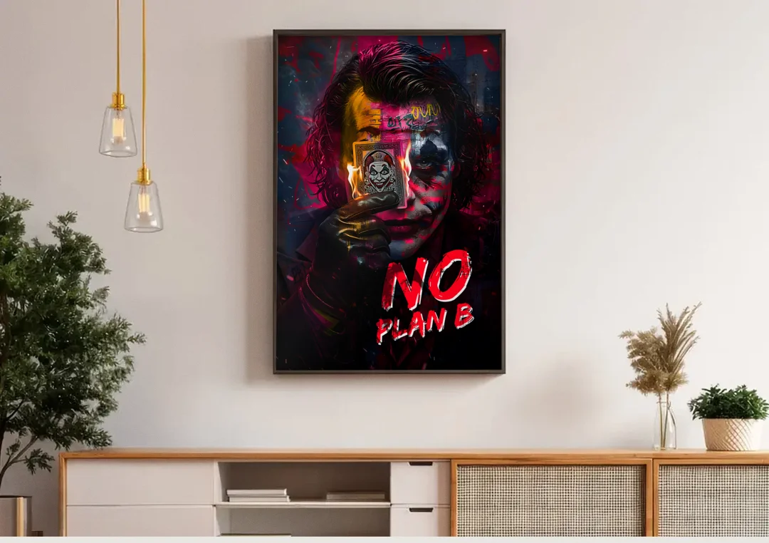No Plan B canvas wall art above a wooden sideboard under pendant lights