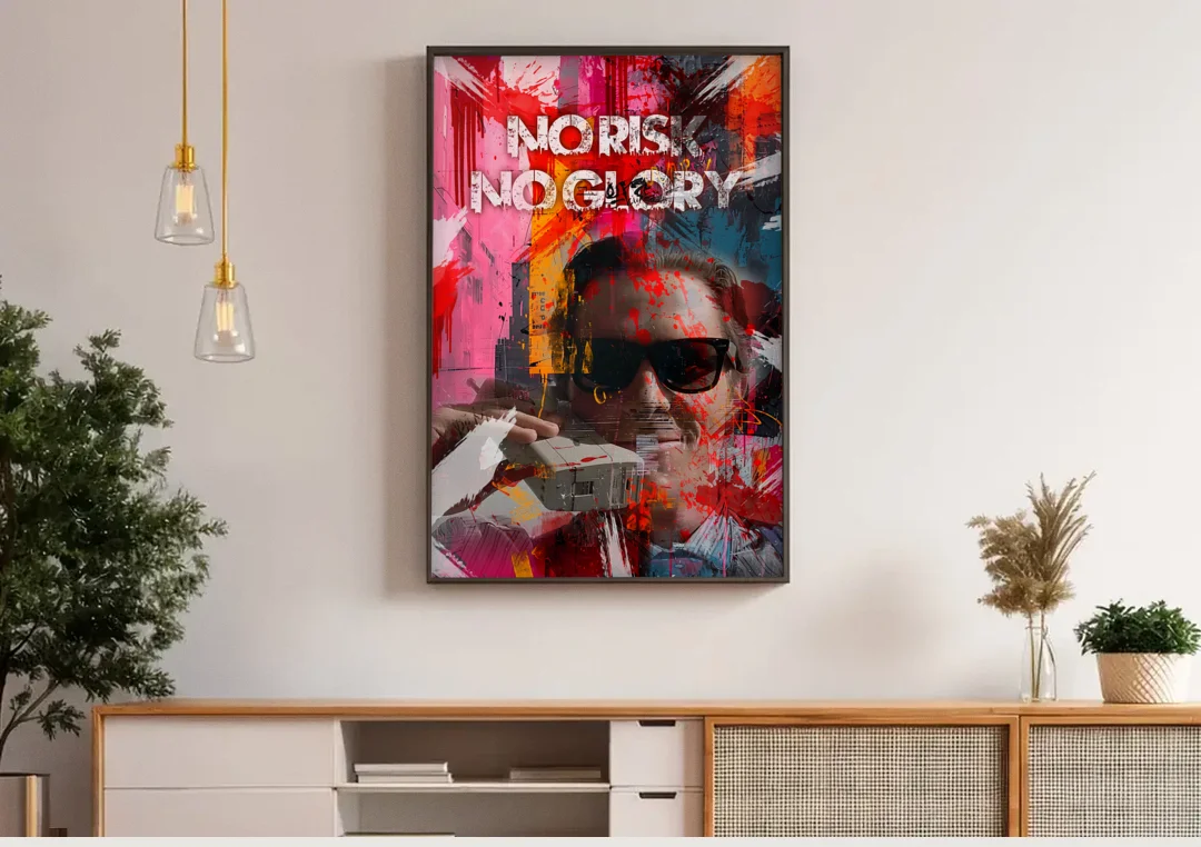 No Risk No Glory canvas wall art above a wooden sideboard under pendant lights
