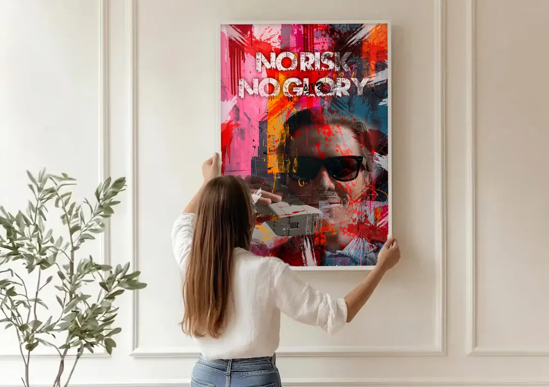 No Risk No Glory canvas wall art being hung on a paneled wall