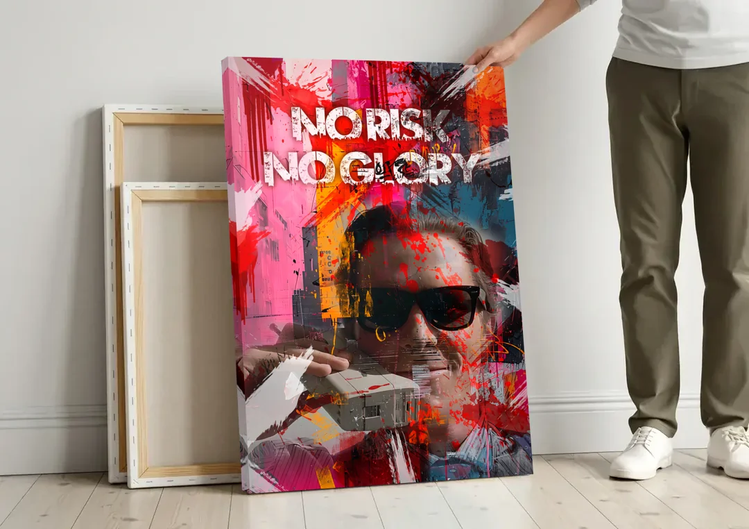 No Risk No Glory canvas wall art leaning against a wall next to blank canvases