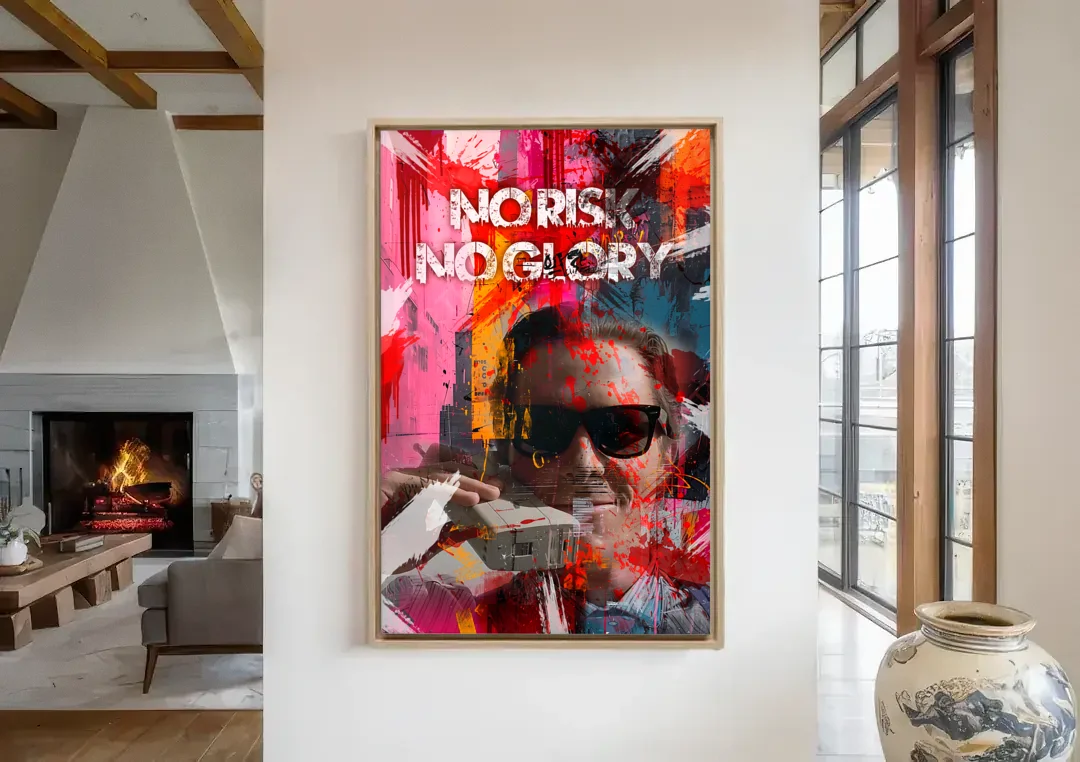 No Risk No Glory canvas wall art in a living room with a fireplace