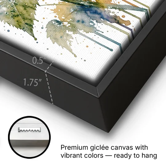 Farmhouse Nodding Watercolor Sunflower with Dripping Leaves - Black Framed Canvas Wall Art - Gallery Wrap Corner
