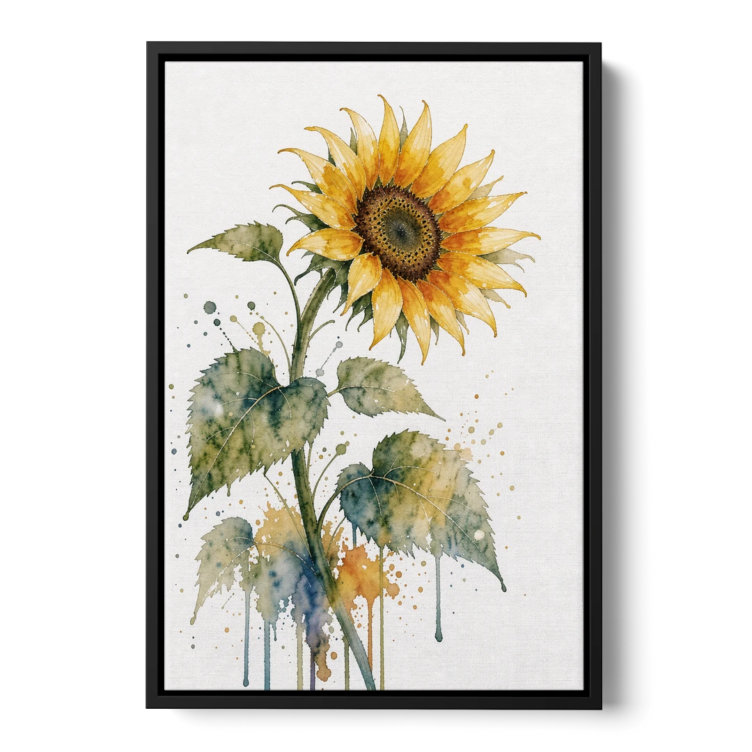 Farmhouse Nodding Watercolor Sunflower with Dripping Leaves - Black Framed Canvas Wall Art - Front