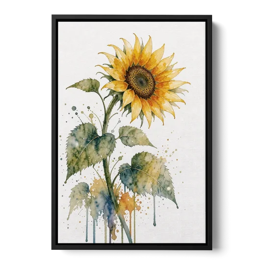 Farmhouse Nodding Watercolor Sunflower with Dripping Leaves - Black Framed Canvas Wall Art - Front