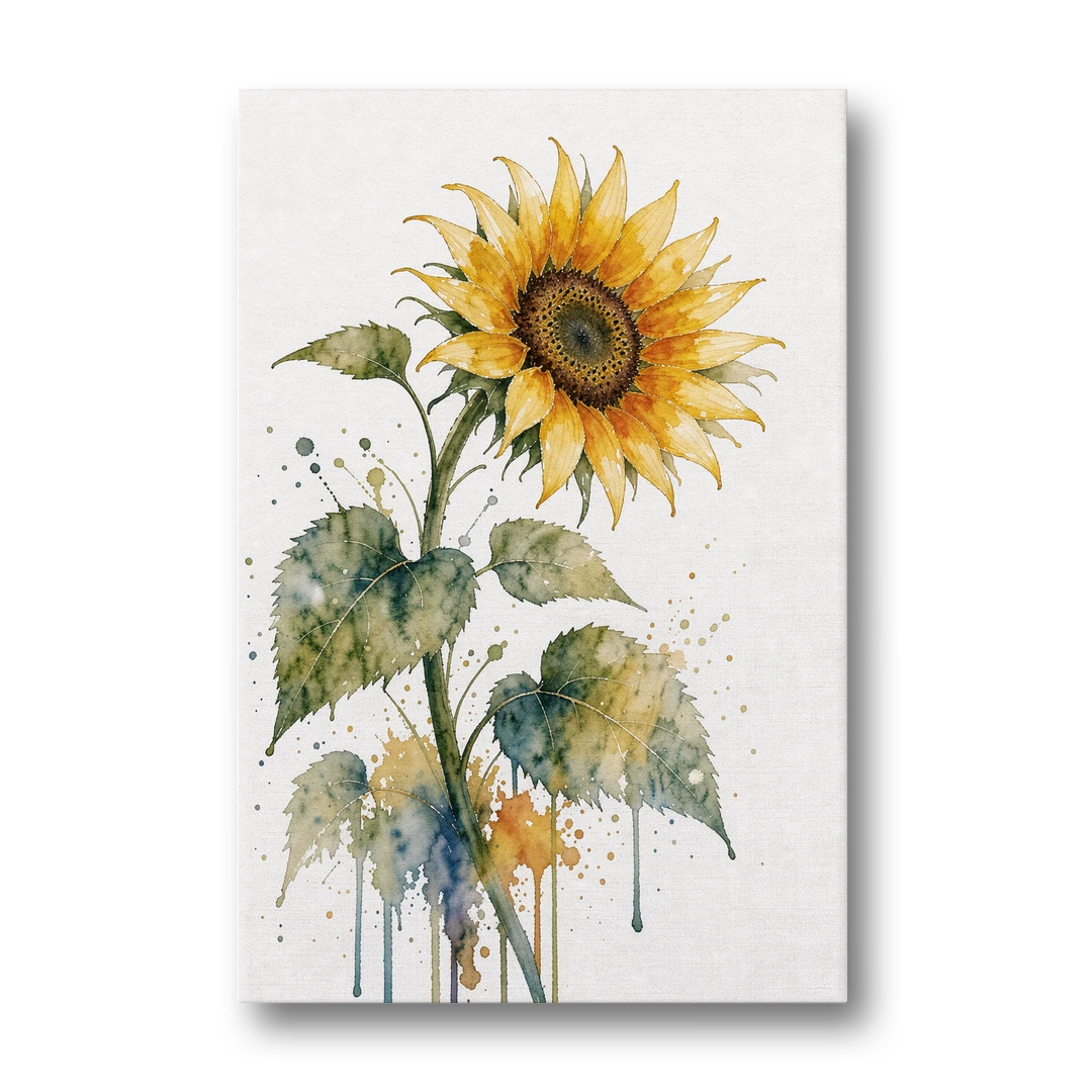 Farmhouse Nodding Watercolor Sunflower with Dripping Leaves - Canvas Wall Art - Front