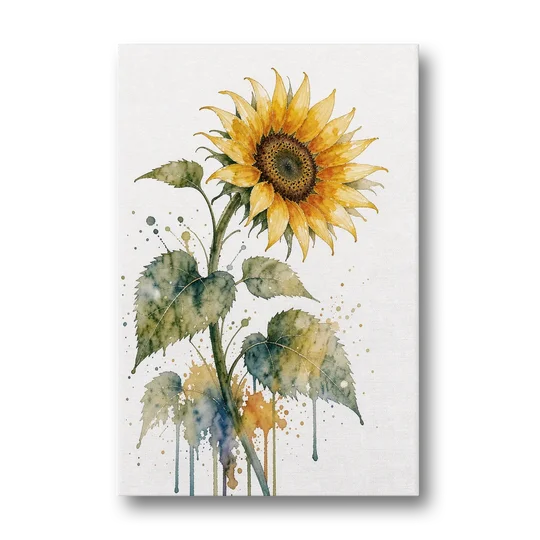 Farmhouse Nodding Watercolor Sunflower with Dripping Leaves - Canvas Wall Art - Front