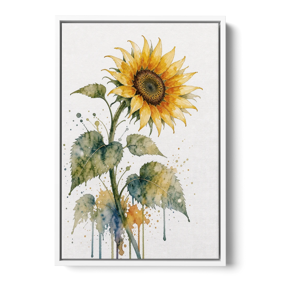 Farmhouse Nodding Watercolor Sunflower with Dripping Leaves - White Framed Canvas Wall Art - Front