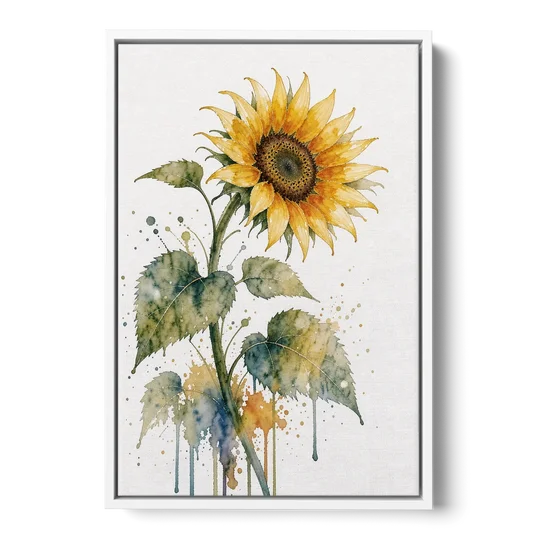 Farmhouse Nodding Watercolor Sunflower with Dripping Leaves - White Framed Canvas Wall Art - Front