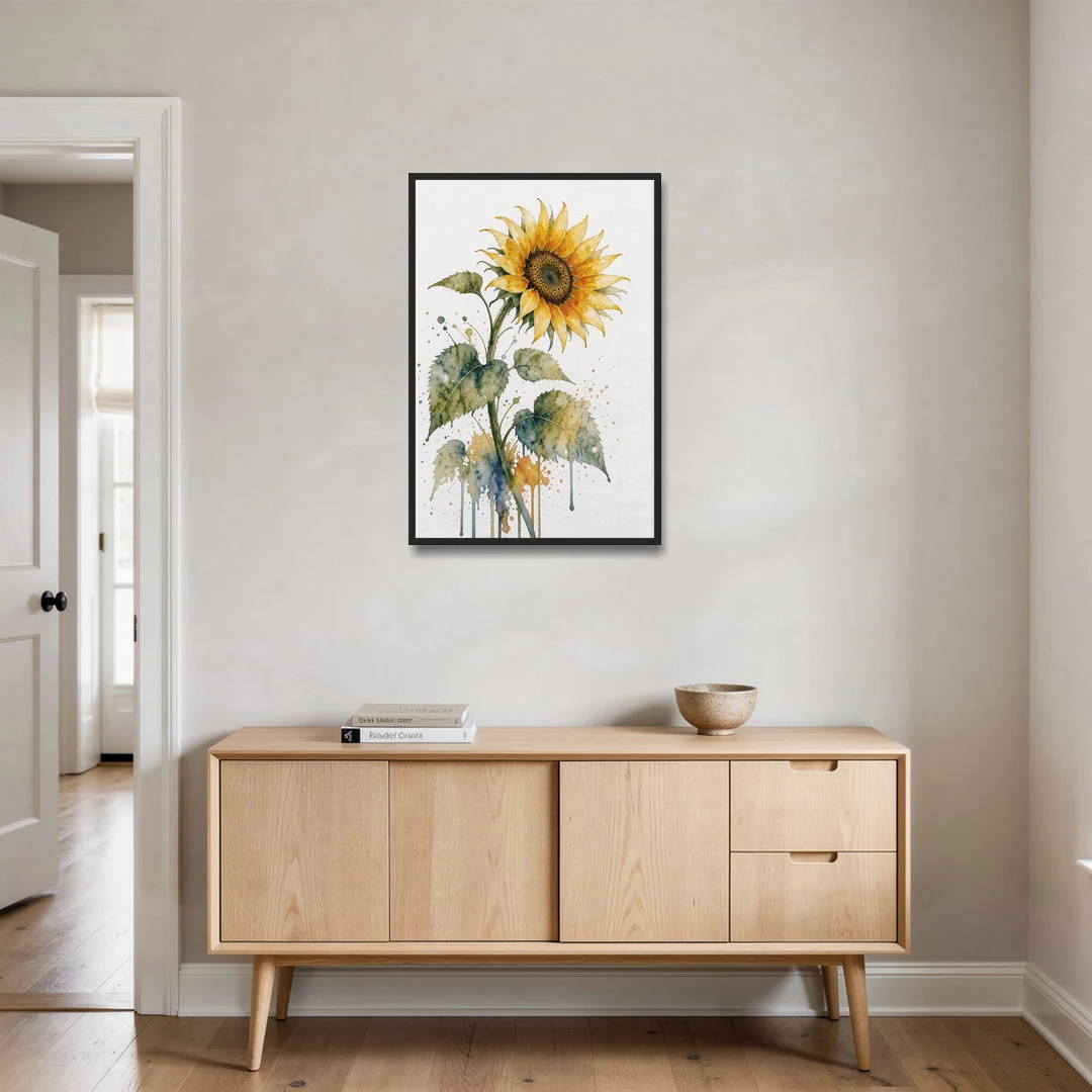 Farmhouse Nodding Watercolor Sunflower with Dripping Leaves - Black Framed Canvas Wall Art - Coffee Table - 24x36